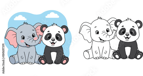 Cute cartoon baby elephant and little panda bear sitting together as best friends vector illustration for kids nursery design