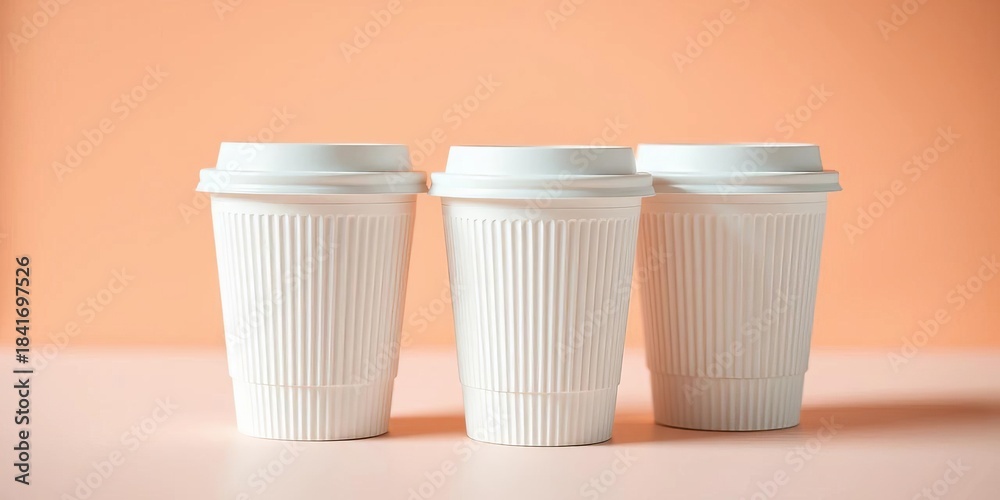 custom made wallpaper toronto digitalThree textured white paper coffee cups with lids, pastel background, warm lighting, top view, lids