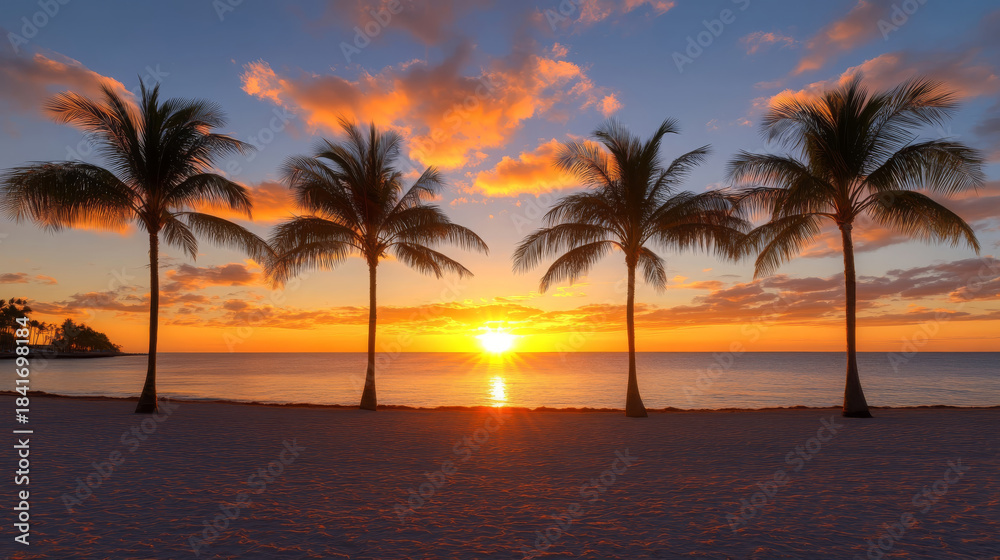 Obraz premium Palm tree silhouette sunset beach, tropical ocean landscape, dramatic sky, peaceful mood