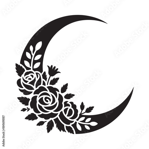 A delicate crescent moon design adorned with blossoming roses and lush foliage