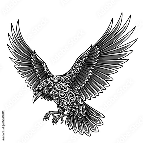 Intricate Raven Bird Illustration with Ornate Swirl Patterns, Stylized Flying Creature