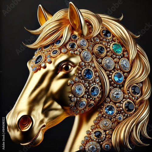 Gold Horse. lunar New year Zodiac Sign. Jewelry Glowing Treasure. Amazing Glamour Mascot. Decoration for Art Deco Party Card Invitation. Rich Luxury Diamond Brilliant Animal  Brooch Portrait