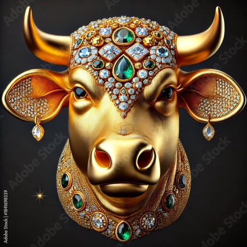 Gold Cow. lunar New year Zodiac Sign. Jewelry Glowing Treasure. Amazing Glamour Mascot. Decoration for Art Deco Party Card Invitation. Rich Luxury Diamond Brilliant Animal Brooch Portrait