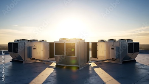 Modern industrial rooftop air handling units against a bright sky during sunrise or sunset