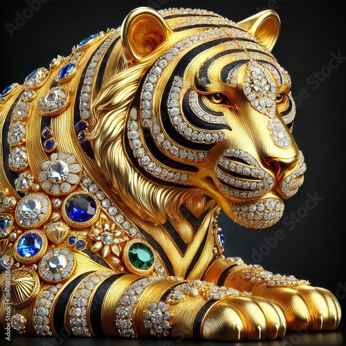 Gold Tiger. lunar New year Zodiac Sign. Jewelry Glowing Treasure. Amazing Glamour Mascot. Decoration for Art Deco Party Card Invitation. Rich Luxury Diamond Brilliant Animal Brooch Portrait