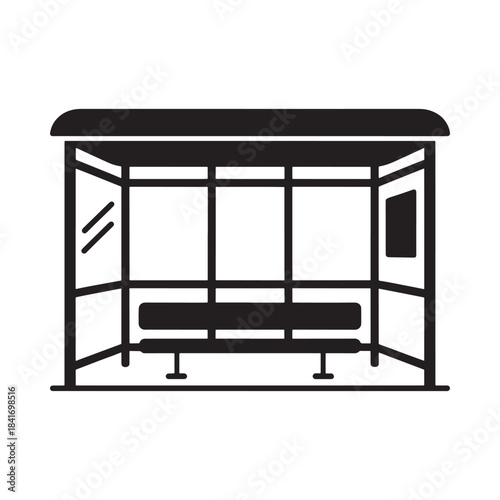Simple black and white line art icon of a public bus stop shelter