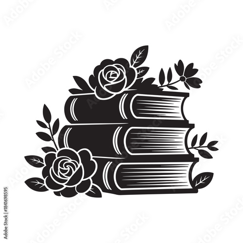 A stack of books adorned with roses and floral leaves in black and white