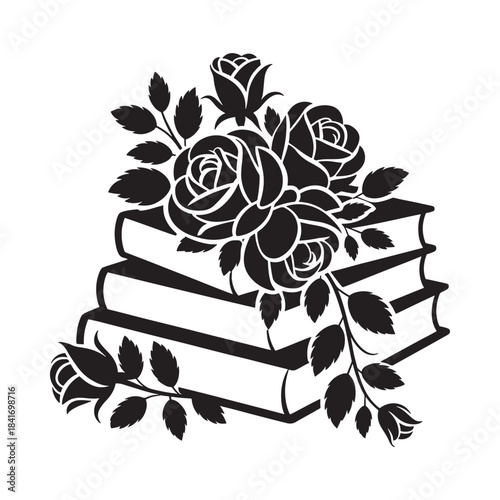 A beautiful black and white illustration of roses resting on a stack of books