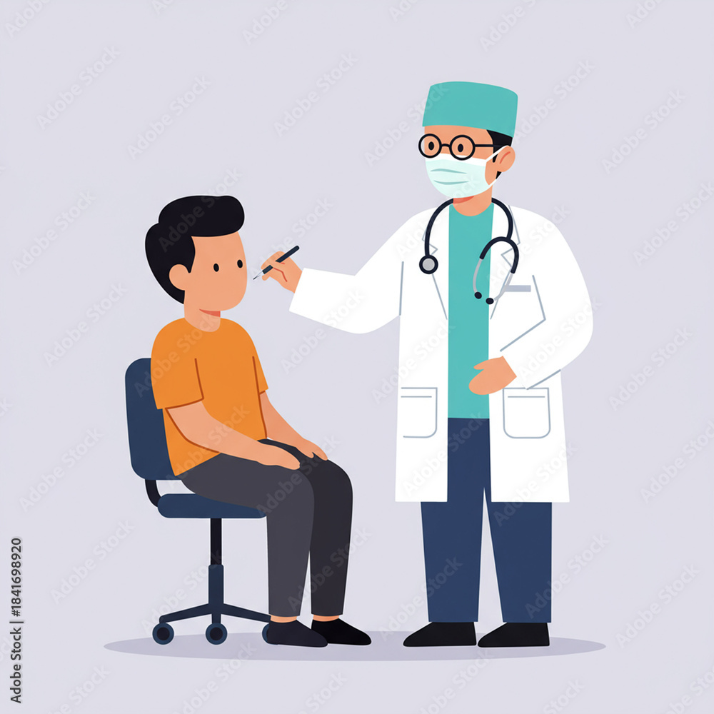 Fototapeta premium Doctor examining patient with penlight in clinic illustration.