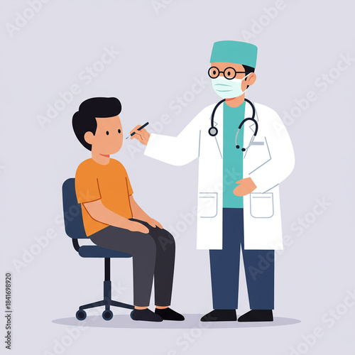 Doctor examining patient with penlight in clinic illustration.