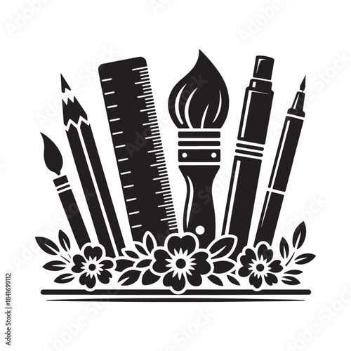 An artistic collection featuring brushes pencils a ruler and decorative floral elements