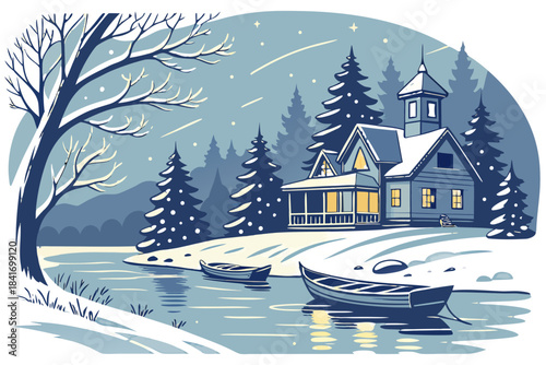 Frozen Christmas lakeside village