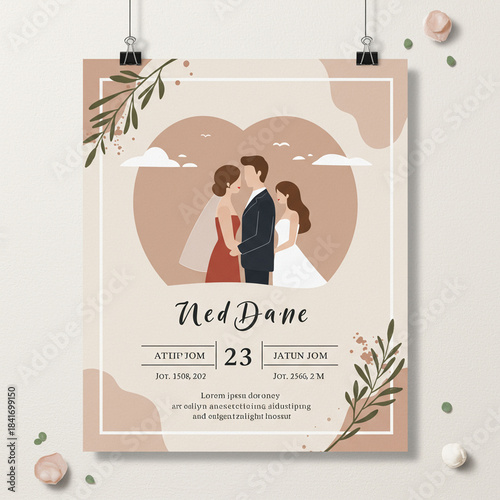 A wedding invitation featuring a couple with a heart motif and floral accents, designed in a minimalist, earthy tone.