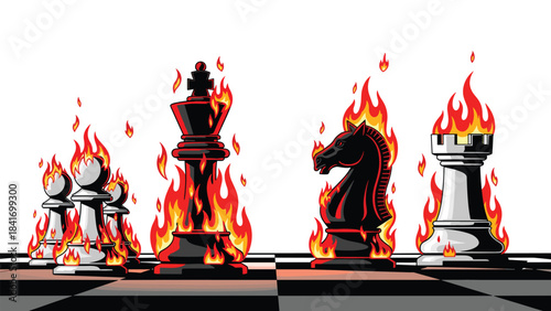 Chess pieces on fire with flames burning around pawns and kings on a chessboard