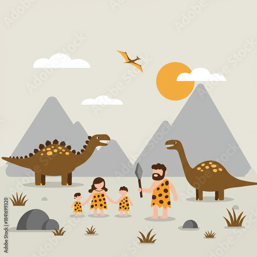 Cartoon Caveman Family with Dinosaurs in Prehistoric Landscape Illustration.