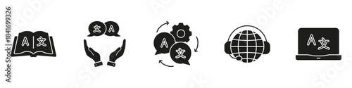 Translation and Global Communication Silhouette Icon Set. Includes Book, Support, and Digital Tools Solid Symbol Collection. Isolated Vector Illustration