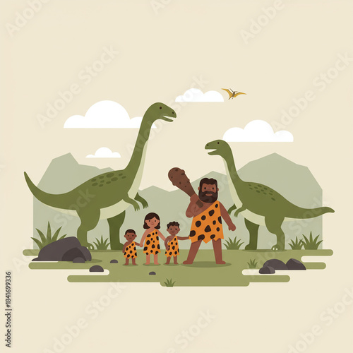 Caveman Family Encountering Dinosaurs - A Prehistoric Illustration.