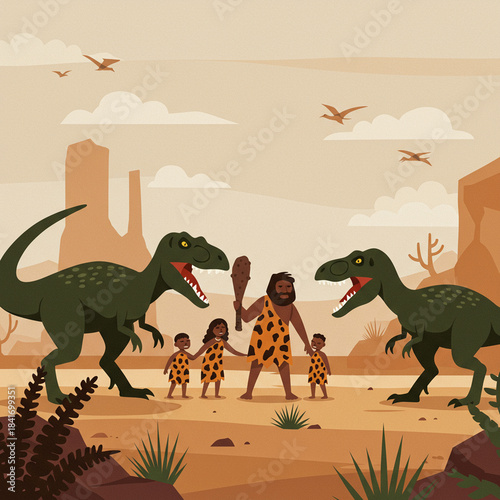 A prehistoric scene depicts a caveman and his family facing two ferocious Tyrannosaurus Rex dinosaurs in a desert landscape.