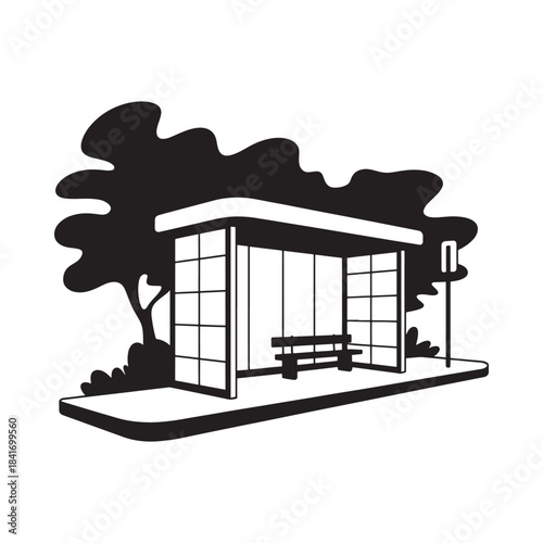 A simple black and white illustration depicting a bus stop shelter with a bench