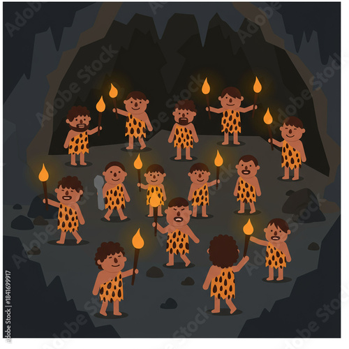 Cavemen Gathering with Torches in a Dark Cave.