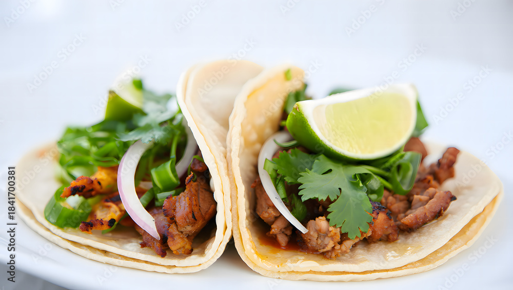 Obraz premium Taco Delights: Two mouthwatering tacos, overflowing with savory fillings, fresh cilantro, lime wedges, and vibrant ingredients on a soft tortilla shell.