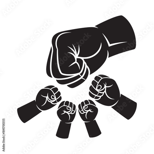 A large fist breaking through multiple raised fists in a black and white illustration