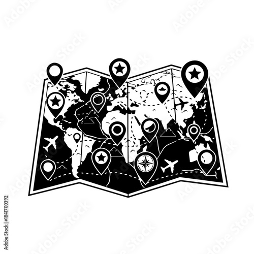 World Map Navigation: A stylized world map, adorned with pin markers, stars, compasses, and airplane symbols, illustrates the concepts of global travel and exploration.