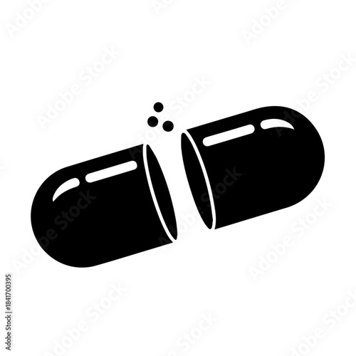 Medication Capsule: A striking monochrome depiction of an open capsule, symbolizing medical remedies, medication, health, treatment, and solutions.