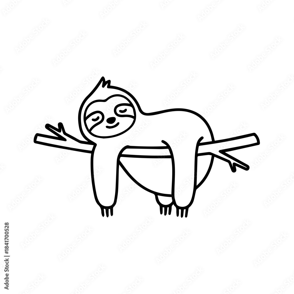 Obraz premium Sloth Resting on Branch: A charming illustration of a sloth gracefully reclining on a tree branch, embodying serenity and relaxation in a simplified, yet endearing, line art style.