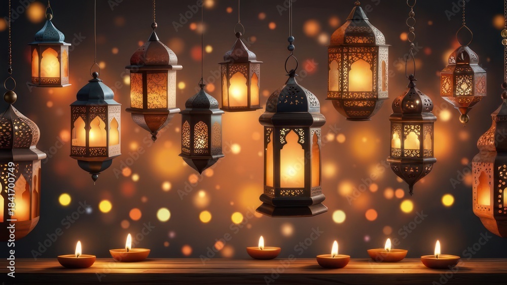 Fototapeta premium Warm golden-lit lanterns hang amid bokeh candles, evoking festive ambiance and soft glow