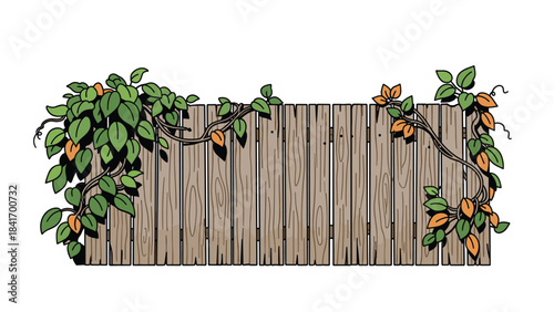 A rustic wooden fence with green leaves and orange flowers growing on it