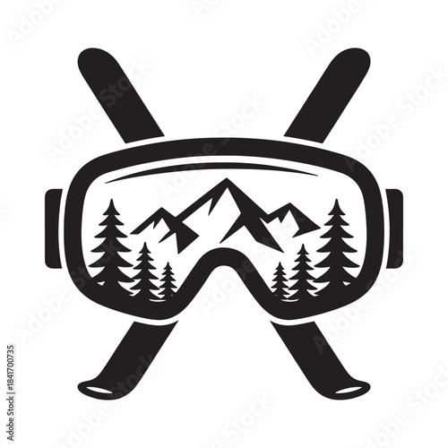 Ski goggles reflecting a winter mountain landscape with crossed ski poles design