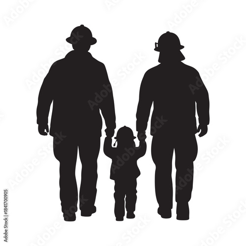 A silhouette of two firefighters walking with a child symbolizing safety and care