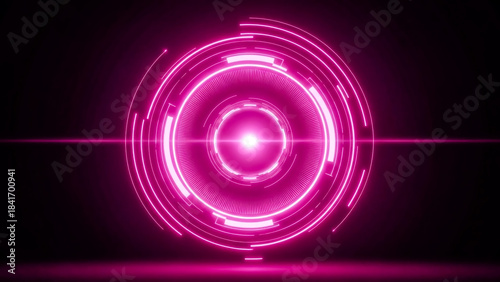 A dynamic digital abstract of concentric circles and futuristic HUD elements in bright pink glowing neon light. The center features a bright focal point, radiating light horizontally across the dark