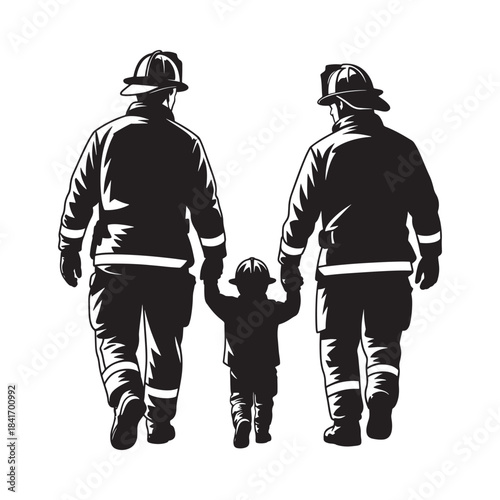 A heartwarming scene of firefighters walking with a child symbolizing safety and heroism