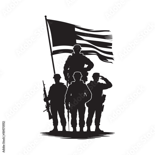 black silhouettes of soldiers with american flag clip art preview