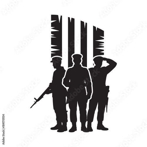 Silhouette of three soldiers saluting framed by abstract architectural elements