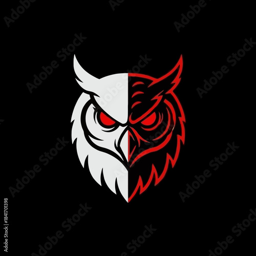 Intense Red Eyed Owl Head Logo Design with Split Color Scheme.