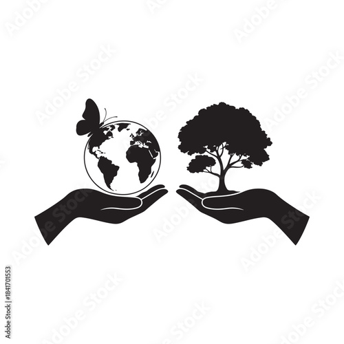 Hands holding the earth and a tree silhouette, symbolizing environmental protection and care