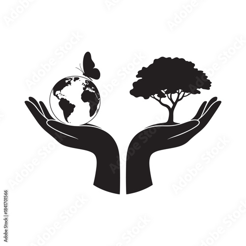 Hands holding a globe with a butterfly and a tree, symbolizing environmental protection