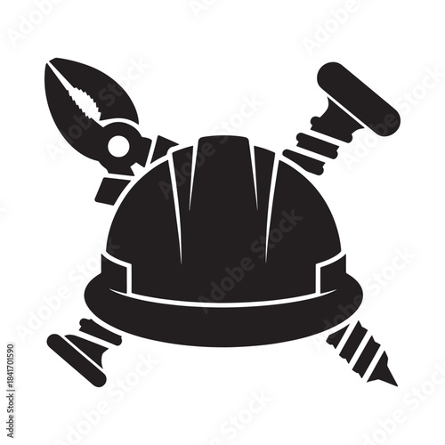 A striking black and white icon depicting a crab claw and a screw crossing