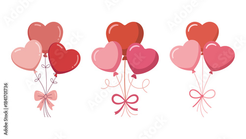 Cute illustration of three bouquets of heart balloons in pink and red for valentine's day or special occasions.