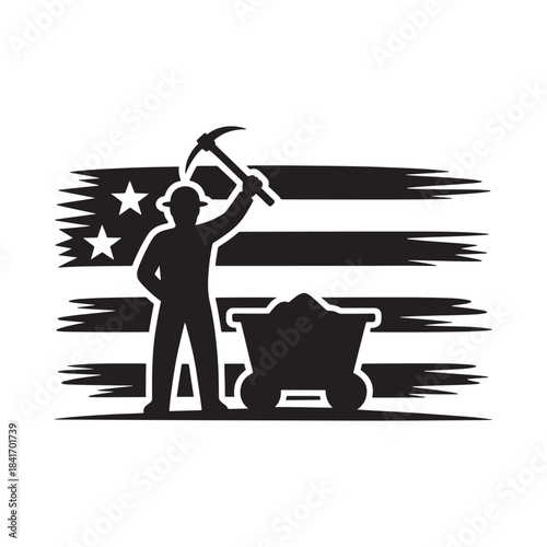 American coal miner silhouette with pickaxe and cart against a patriotic flag backdrop