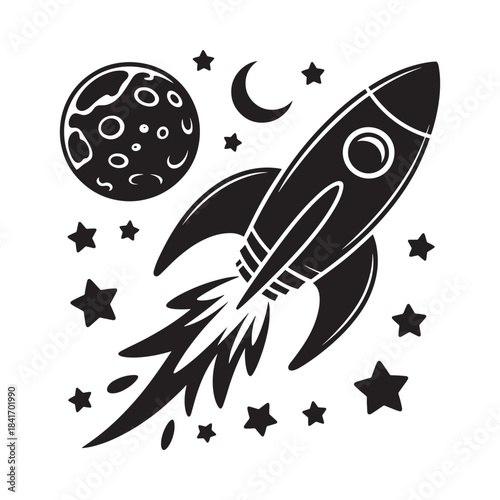 A sleek rocket ship soaring through space amongst a planet moon and stars