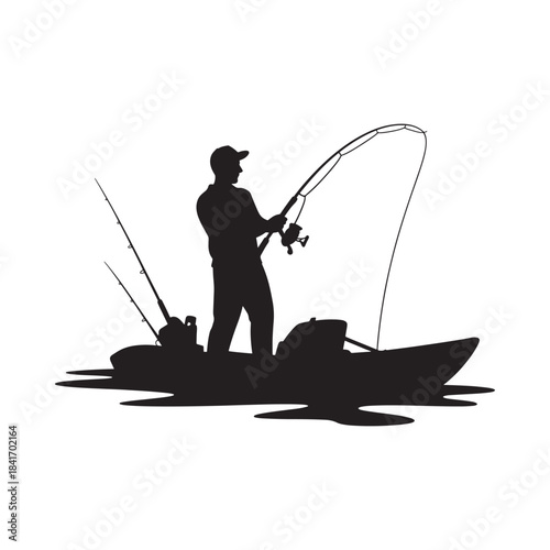 Silhouette of a fisherman in a small boat with fishing rods present