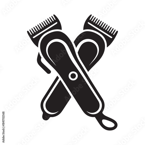 Two black hair clippers crossed a simple monochrome illustration for barber shops