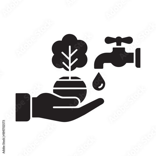Hand holding small potted plant being watered by a dripping faucet, representing care and conservation