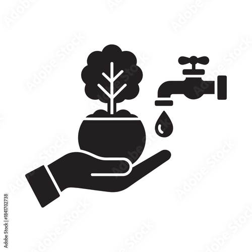 Caring for nature by conserving water: hand holding plant with faucet icon