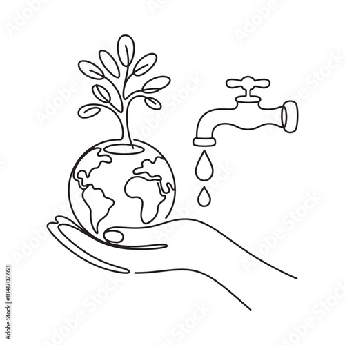 A single continuous line drawing representing environmental protection and water conservation