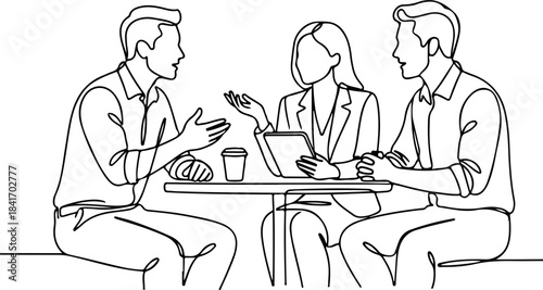 Minimalist Continuous Line Art of Diverse Business Team Having an Office Meeting and Brainstorming Session